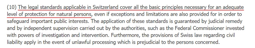 EUR-Lex GDPR: Switzerland has an adequate level of protection section