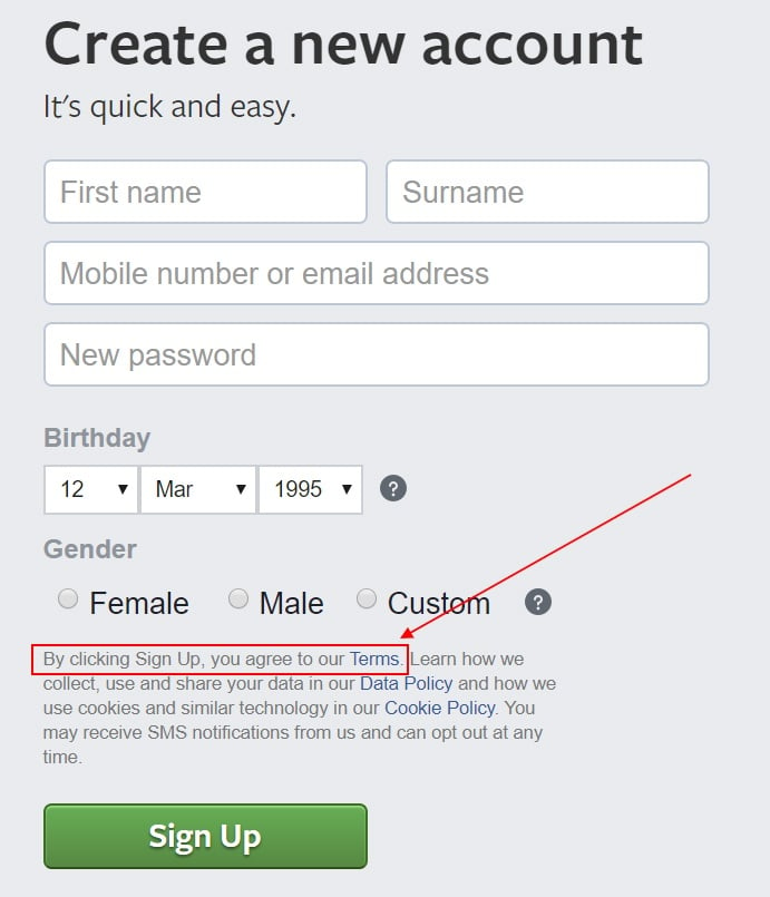 Facebook Create Account Sign-Up Form with Agree to Terms statement