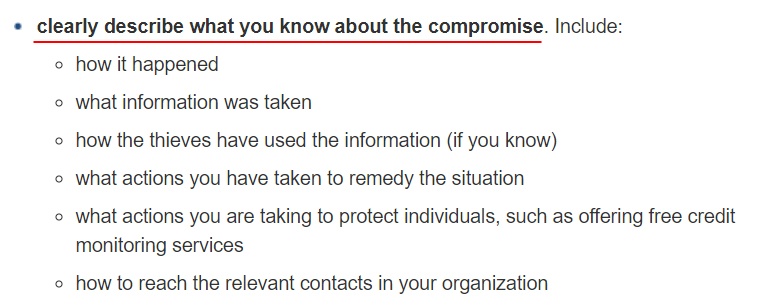 FTC Data Breach Response Guide for Business: Clearly describe the compromise section