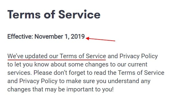 Kik Terms of Service: Effective date and update section