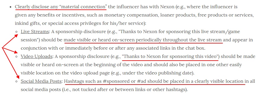 Nexon Influencer Policy: Clearly Disclose - Requirements and examples