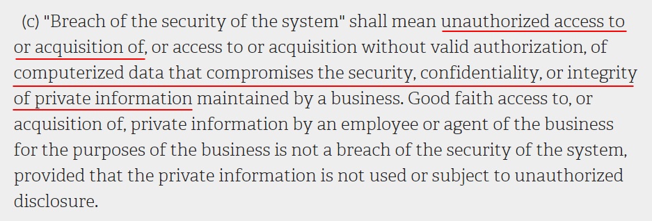 NY State Senate Consolidated Laws: SHIELD Act - Definition of Breach of the Security of the System