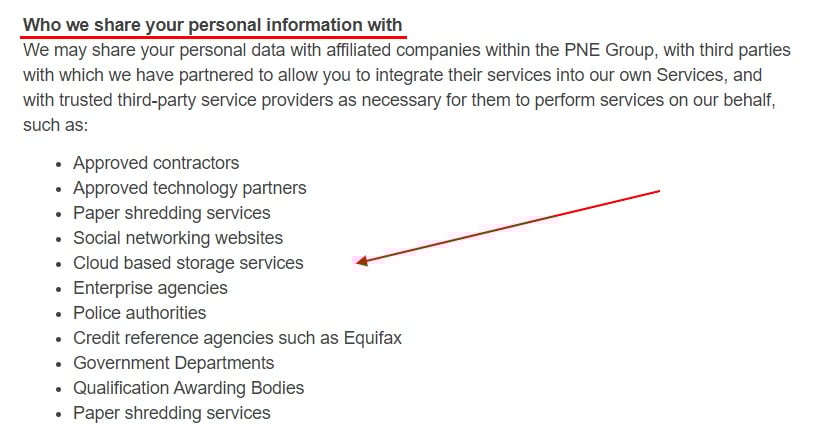 PNE Group Privacy Policy: Who we share your personal information with clause
