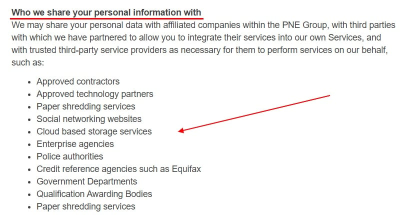 PNE Group Privacy Policy: Who we share your personal information with clause