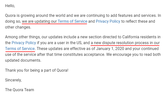 Quora: Notice email about updating its Terms of Service