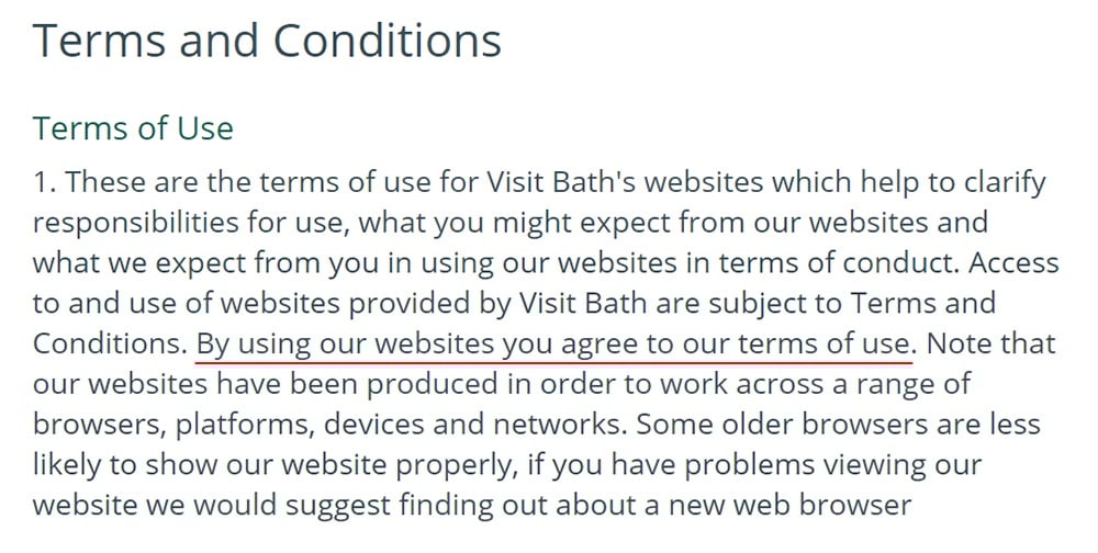 Visit Bath Terms and Conditions: Browsewrap clause