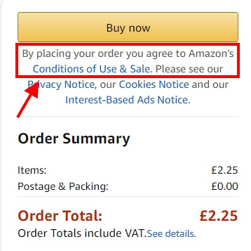 Amazon checkout form with Agree to Conditions of Use statement highlighted