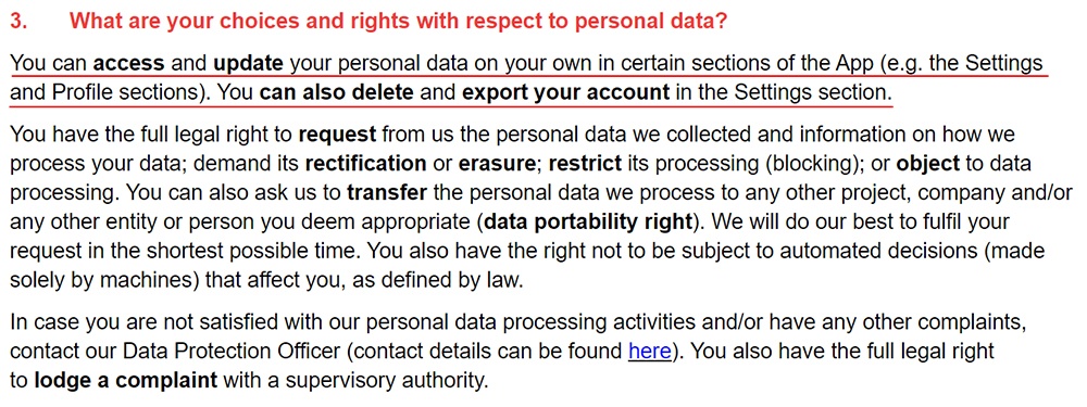 App in the Air Privacy Policy: Your choices and rights with respect to personal data clause