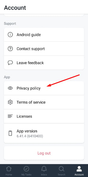 Asana mobile Account menu with Privacy Policy highlighted