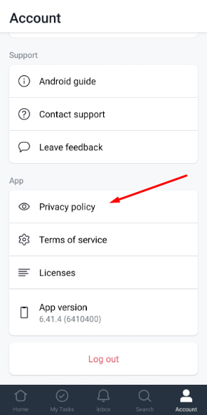 Asana mobile Account menu with Privacy Policy highlighted