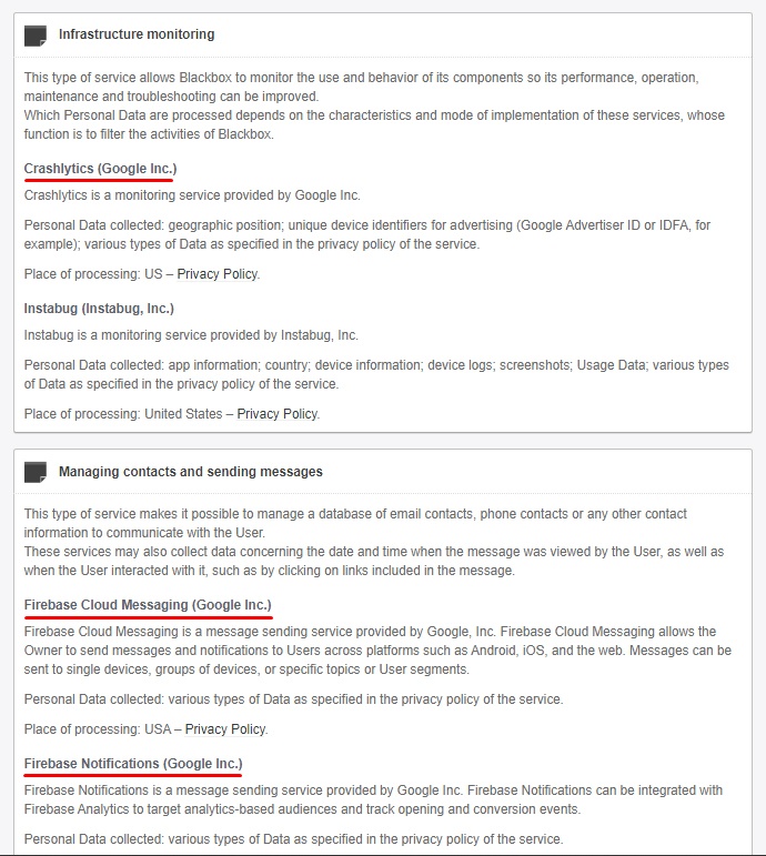 Blackbox Privacy Policy: Infrastructure monitoring and Managing contacts and sending messages clauses - Firebase sections