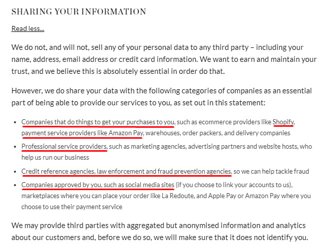 Bluebella Security Policy Notice: Sharing Your Information clause
