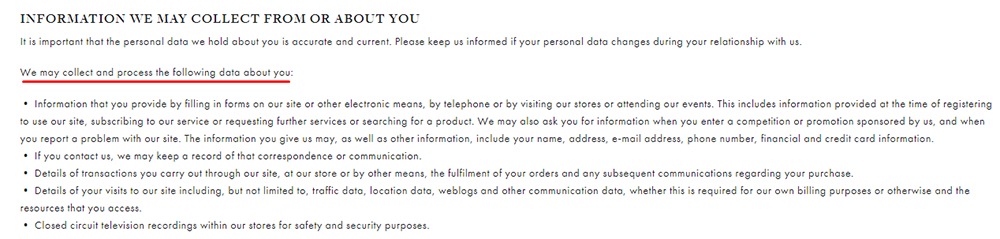Boodles Privacy Policy: Information we may collect from or about you clause