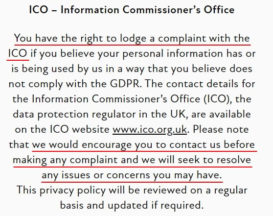 Bowles and Wyer Privacy Policy: Right to complain to the ICO clause