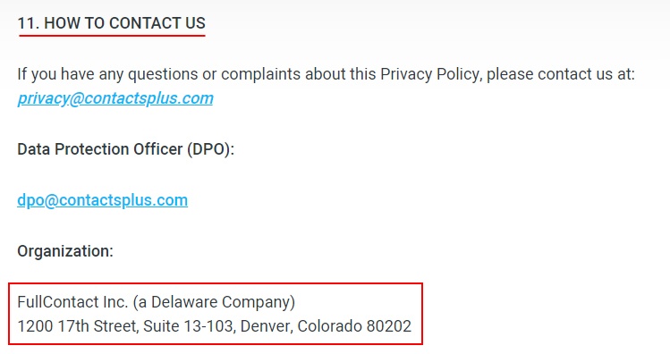 ContactsPlus Privacy Policy: How to contact us clause