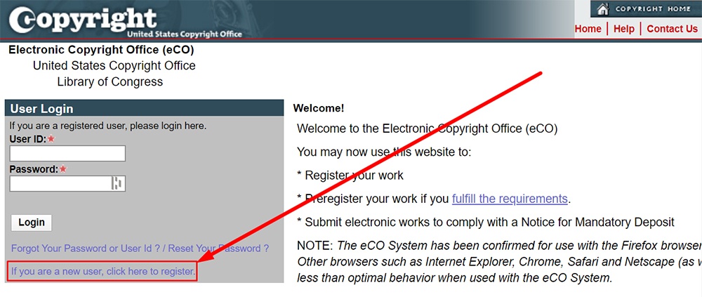 Copyright Gov New User Registration link