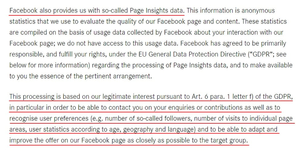 Daimler Facebook Page Privacy Policy: Page Insights data and GDPR legitimate interest clause