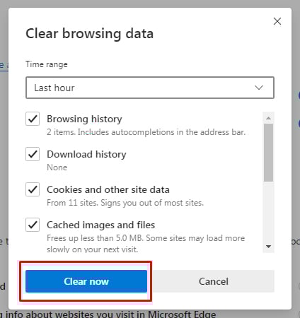Edge Clear browsing data - Clear now button highlighted