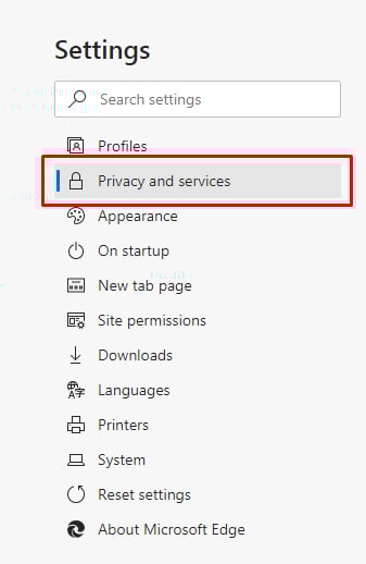 Edge Settings menu: Privacy and Services option highlighted