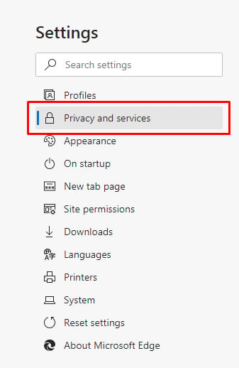 Edge Settings menu: Privacy and Services option highlighted