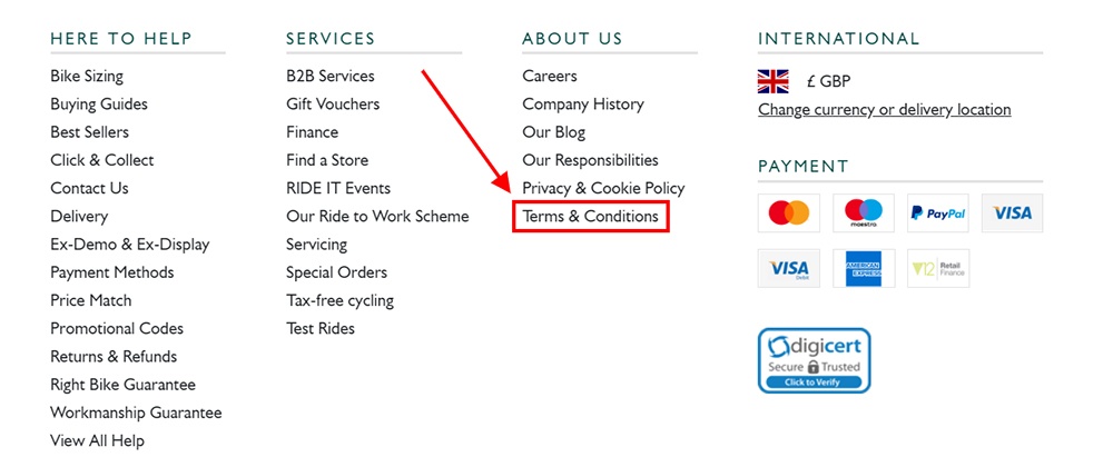 Evans Cycles website footer with Terms and Conditions link highlighted