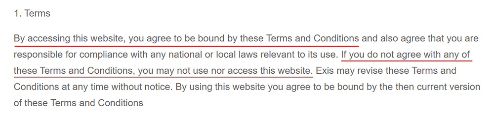 Exis Technologies Terms and Conditions: Terms acceptance clause