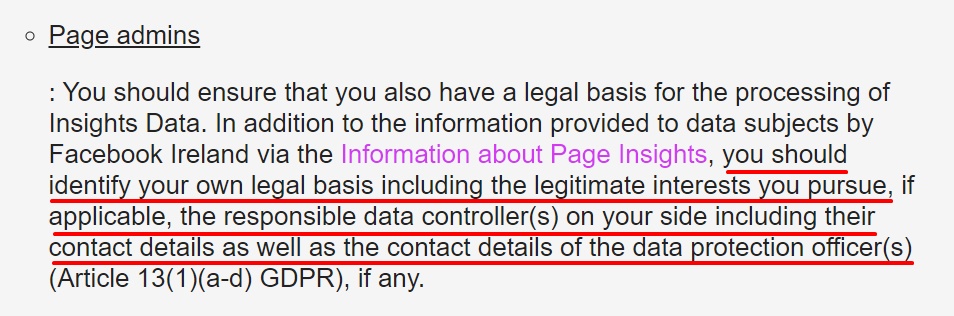 Facebook Page Insights Controller Addendum: Page admins clause - Legal basis and contact details excerpt