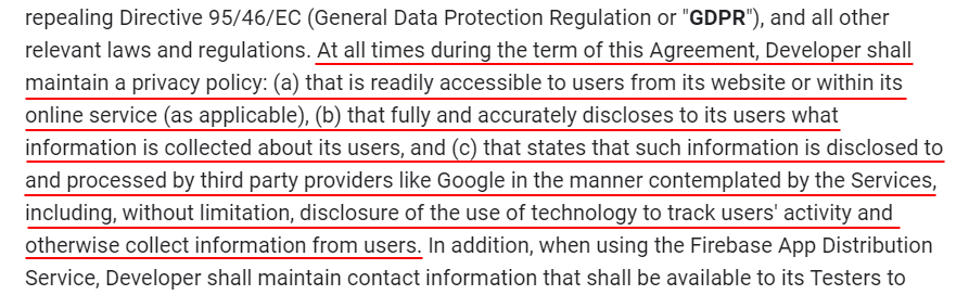 Firebase Crashlytics and App Distribution Terms: Privacy Policy is required clause