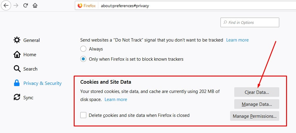 Firefox Cookies and Site Data: Clear Data button highlighted