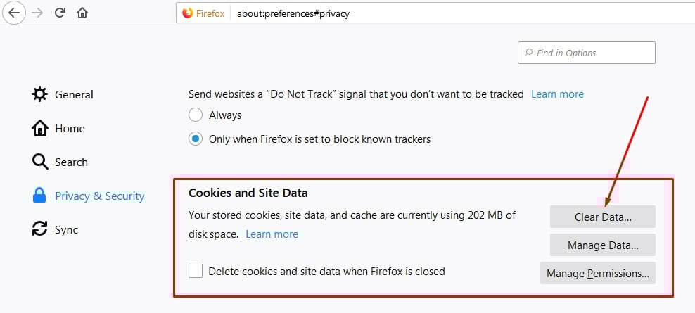 Firefox Cookies and Site Data: Clear Data button highlighted