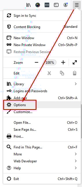 Firefox menu with Options highlighted