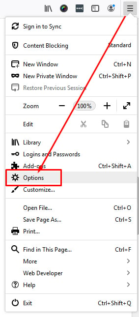 Firefox menu with Options highlighted