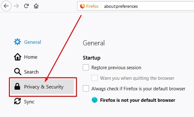 Firefox Preferences: Privacy and Security highlighted