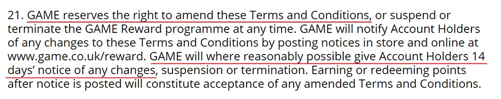 GAME Terms and Conditions: Changes to the terms clause