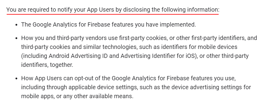 Google Analytics for Firebase Terms: Required to Disclose the following clause