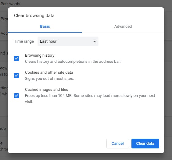 Google Chrome: Clear browsing data - Basic