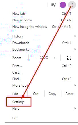 Google Chrome dot menu with Settings highlighted