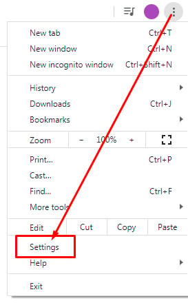 Google Chrome dot menu with Settings highlighted