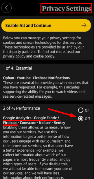 The Guardian app Privacy Settings: Google Analytics setting highlighted