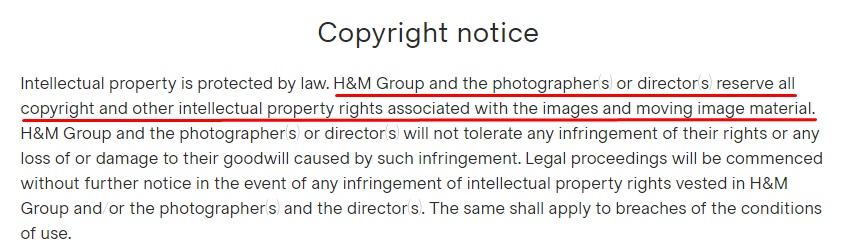 H and M Terms and Conditions: Copyright Notice