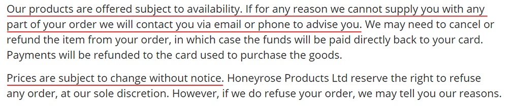 Honeyrose Terms and Conditions: Subject to availability and Price Change clause
