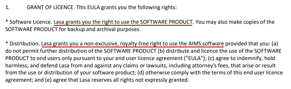 Lasa EULA: Grant of Licence clause