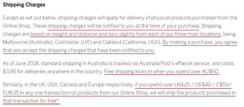 Lonely Planet Terms and Conditions: Shipping Charges clause