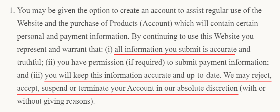 Macacha Terms and Conditions: Create and terminate account clause