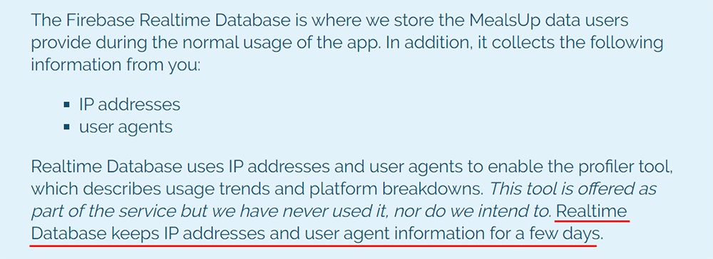 MealsUp Privacy Policy: Firebase Realtime Database clause