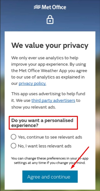 Met Office app: Relevant ads consent screen
