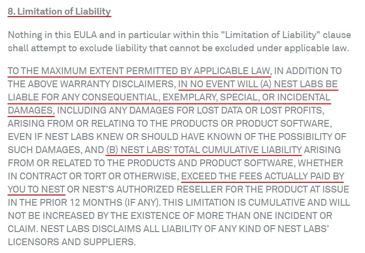 Nest EULA: Limitation of Liability clause