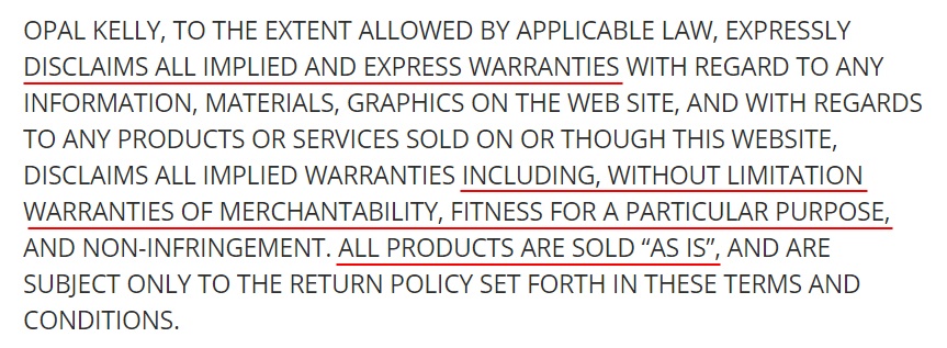 Opal Kelly Terms and Conditions: Warranty disclaimer clause