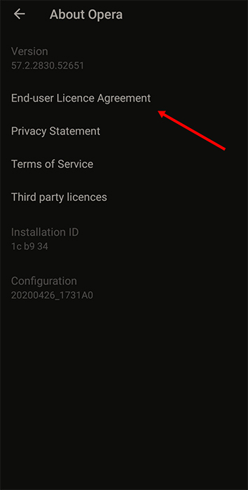 Opera app About menu with EULA highlighted