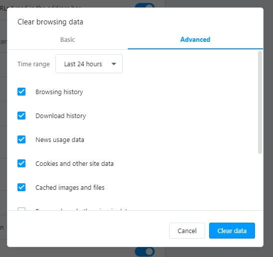 Opera: Clear browsing data - Advanced